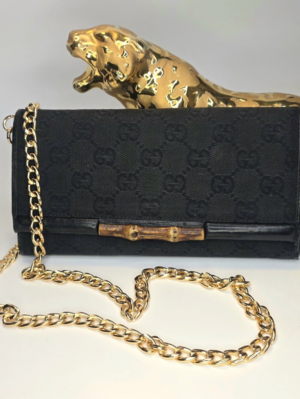 Gucci Black Bamboo Canvas Wallet W/ Chain ✨️